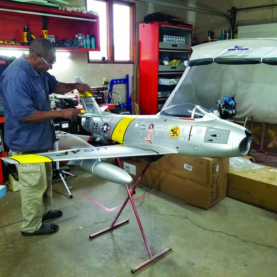 Bill is working on the rivet detail and weathering on the horizontal stabilizer.