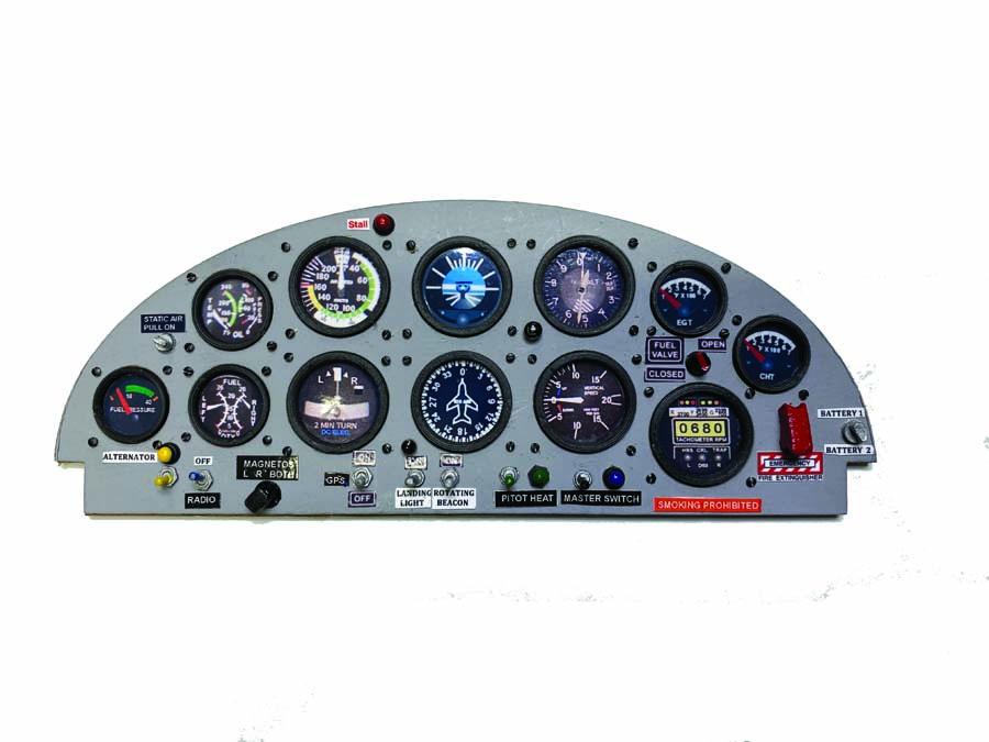 With bezels, switches, simulated lights, and placards, this instrument panel is ready to dress up any ARF!